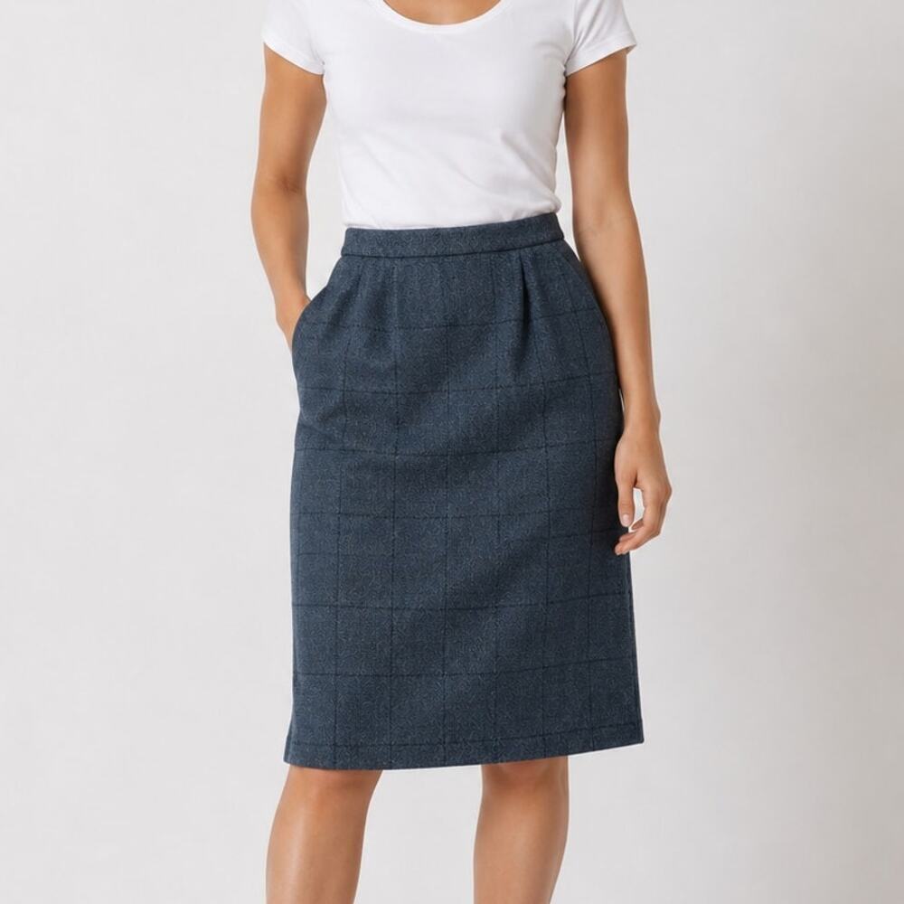 Country Shop Steel Blue Plaid Pencil Midi Skirt